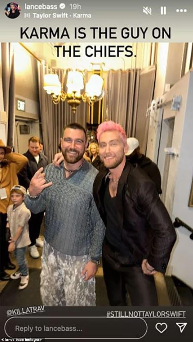 Travis Kelce, 34, excitedly posed with Lance Bass, 44, backstage at Justin Timberlake's concert in Los Angeles on Wednesday — but his girlfriend Taylor Swift was nowhere to be seen