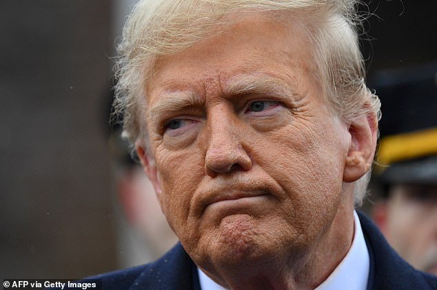 Former US President Donald Trump speaks to the press after attending the vigil for New York Police Department (NYPD) Officer Jonathan Diller in Massapequa, Long Island, New York, on March 28, 2024