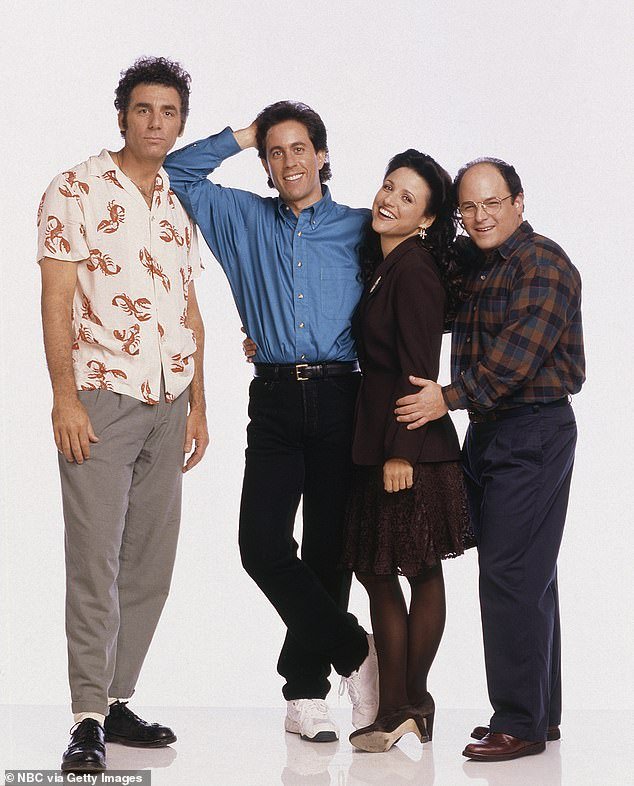 (l-r) Michael Richards as Cosmo Kramer, Julia Louis-Dreyfus as Elaine Benes, Jason Alexander as George Costanza, Jerry Seinfeld as Jerry Seinfeld