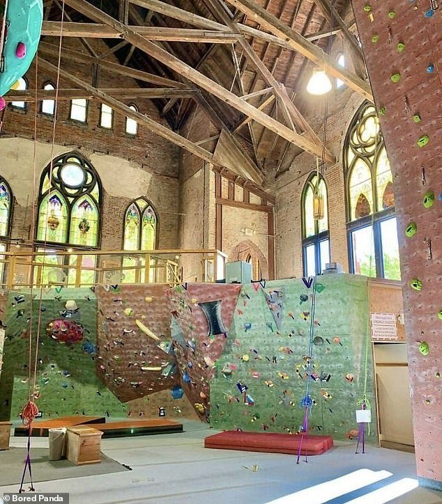 People from all over the world have shared photos of buildings that attempted to hide their previous purpose, and Bored Panda collected the best examples in an online gallery.  Including a church in Dayton, Ohio, which was converted into an Urban Krag Climbing Center