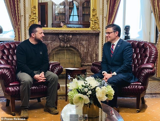 Ukrainian President Volodymyr Zelensky met with Speaker Mike Johnson at the Capitol in December to discuss the country's ongoing war against Russia.  They spoke again by phone Thursday as Congress halted approval of a $60 billion foreign aid package for Ukraine