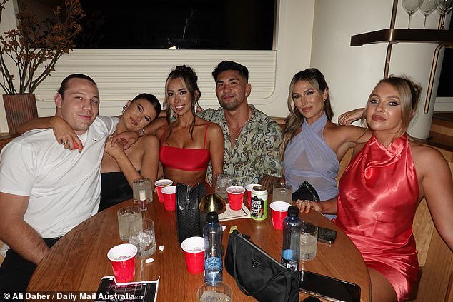 Daily Mail Australia can reveal Eden was out with the group at a nearby location after deciding to leave because Jayden ignored her.  (Photo: Jayden with Lauren, Jade Pywell, Ridge Barredo, Sara Messa and Eden Harper earlier in the evening)