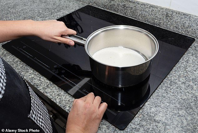 An induction hob consists of a glass or ceramic plate over an electromagnetic coil.  If an iron or steel cooking pan is placed on top, it will become hot
