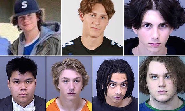 The seven suspects in the murder of Preston Lord from top left to bottom right: Jacob Meisner, Talan Renner, Taylor Sherman, Treston Biley, Talyn Vigil, Dominic Turner, William Owe Hines