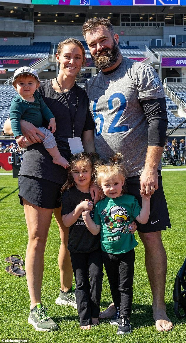 Jason Kelce has fun with his wife and daughters on the field during pro bowl practice in February