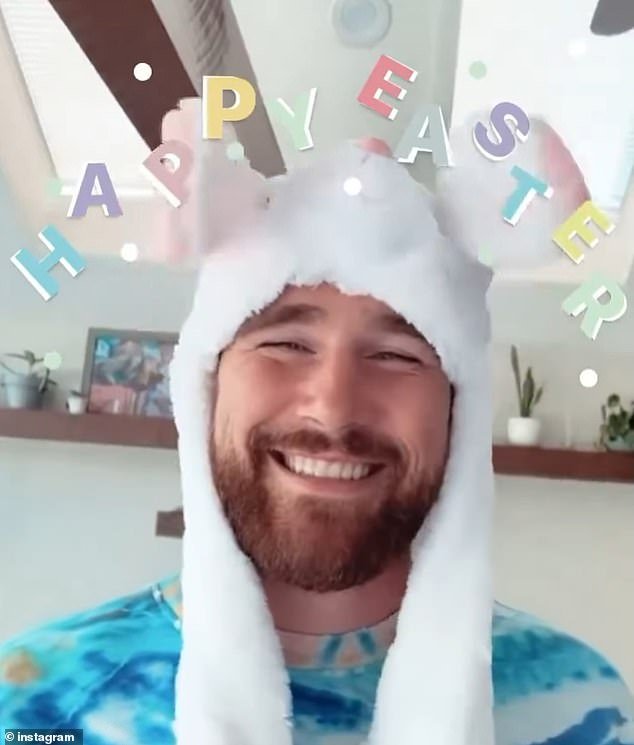 The couple delighted their legion of fans with adorable Easter posts on their official fan pages on Sunday, with the NFL tight end sharing a photo of himself wearing bunny ears.