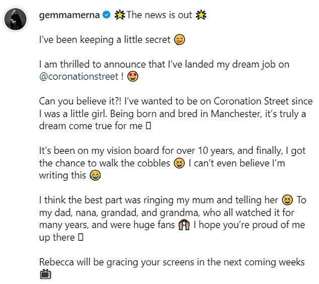 She posted a photo on Instagram in front of Corrie's iconic Rovers Return pub and wrote: 'The news is out'
