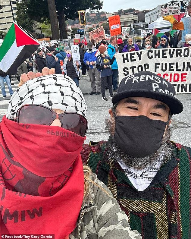 Gray Garcia at a pro-Palestine event wearing the face covering she always gasses in public