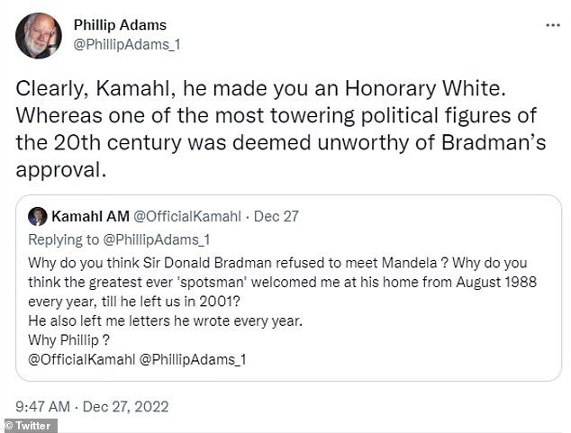 In a widely shared tweet posted in 2022, Adams contrasted Bradman's 13-year friendship with Kamahl with his reluctance to meet former South African President Nelson Mandela.
