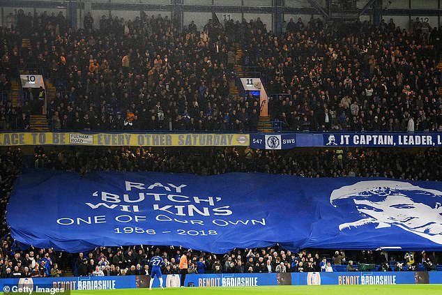 A banner honoring Ray Wilkins was displayed at Stamford Bridge on Thursday evening