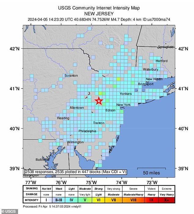 The earthquake was also felt in New Jersey, Virginia and Philadelphia