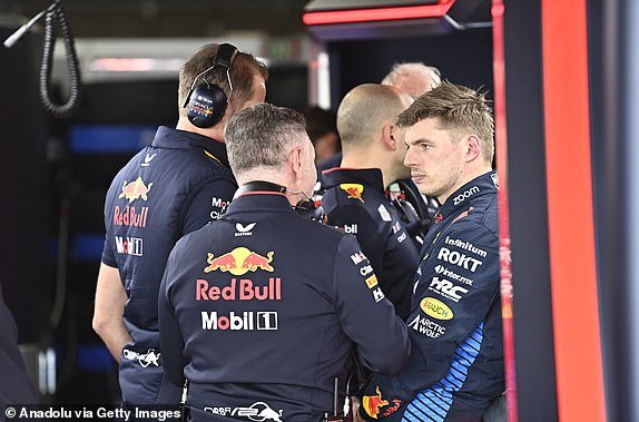 SUZUKA, JAPAN - APRIL 6: Max Verstappen (R), Oracle Red Bull Racing RB19 Honda RBTP (1), is seen in the pit lane during the final free practice F1 Grand Prix of Japan at the Suzuka International Circuit on April 6, 2024, in Suzuka, Japan.  (Photo by David Mareuil/Anadolu via Getty Images)