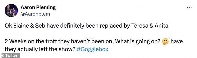 Taking to social media, one Gogglebox viewer wrote that they were convinced they had been replaced