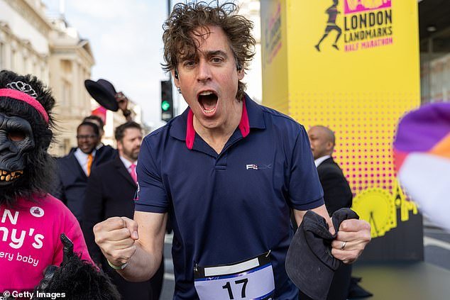 Stephen Mangan, 55, was full of energy before the race as he mingled with other celebrities