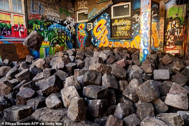 A pile of cobblestones is pictured on Pusher Street in Copenhagen, Denmark, on April 6
