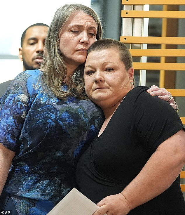 Starting in about September, the three families noticed unexplained injuries to their children, including scratches, bruises, a lost tooth, a broken toe, a black eye and other deep bruises on their bodies and feet, their attorney said.  Pictured: Brittany Yarborough (right) and Jessica (left), whose children were on Jones' bus