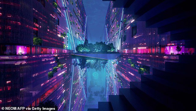 Pictured: Concept art from the inside of Saudi Arabia's The Line megacity