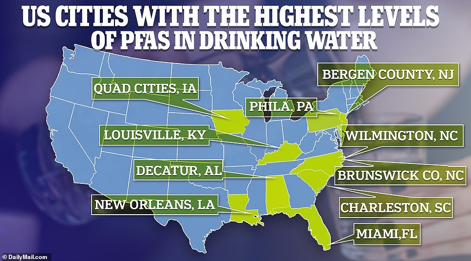 The cities depicted on the map are just a handful of the many cities that have been found to have higher concentrations of PFAS in public water supplies and private wells.