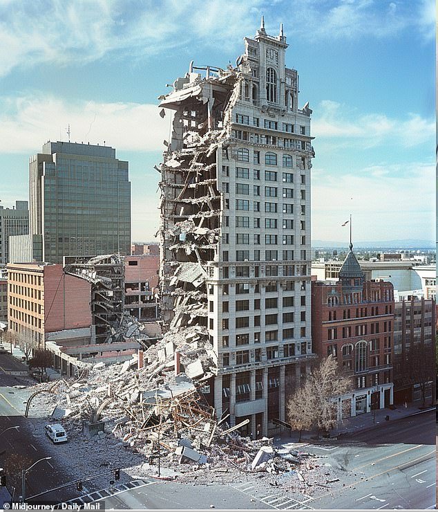 If a major crisis were to occur, experts predict that approximately 1,800 people will be killed, 50,000 will be injured and more than 60 buildings will collapse – resulting in at least $200 billion in damage.  The photo shows what AI predicts Sacramento would look like after the Big One