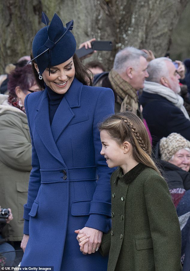 Kate (pictured with Princess Charlotte on Christmas Day 2023), 42, announced in an emotional video message at the end of March that she is in the early stages of treatment following a cancer diagnosis