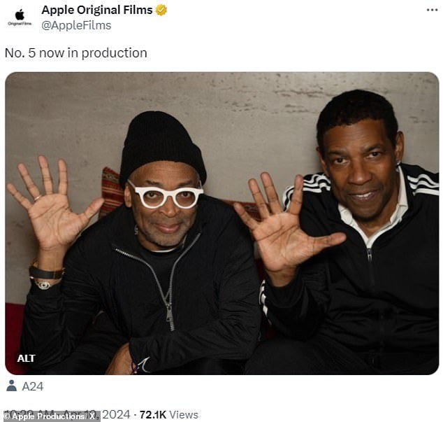 Spike Lee and Denzel Washington both showed a 'five' to indicate that they are now working on their fifth film, along with the start of High And Low in early March