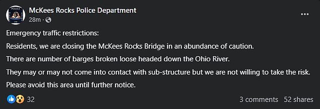 According to the department, a number of vessels are currently adrift en route to the Ohio River