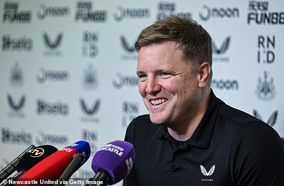 NEWCASTLE UPON TYNE, ENGLAND - APRIL 12: Newcastle United Head Coach Eddie Howe during the Newcastle United Press Conference at the Newcastle United Training Center on April 12, 2024 in Newcastle upon Tyne, England.  (Photo by Serena Taylor/Newcastle United via Getty Images)