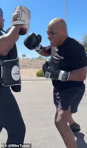 Mike Tyson is seen training ahead of the fight with Jake Paul