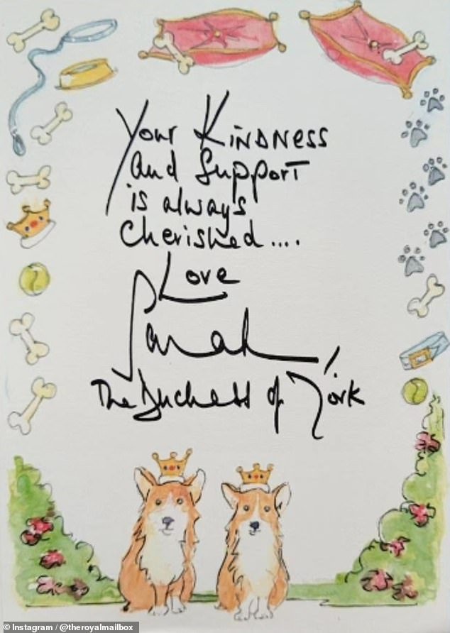 The Duchess of York, 64, replied to the message of support with an adorable illustrated note featuring corgis wearing crowns, dog collars and beds, as well as bones and tennis balls