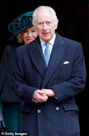Charles and Queen Camilla pictured at this year's traditional Easter Sunday Mattins Service