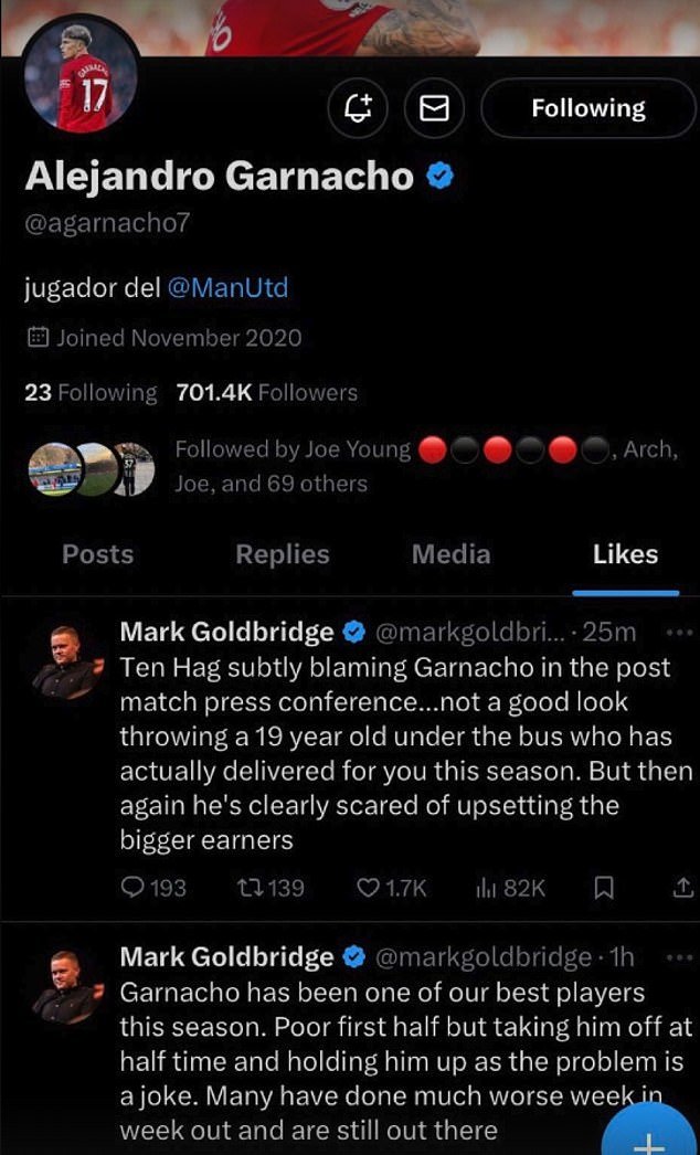 Garnacho liked tweets from famous United fan Mark Goldbridge, who decried both Ten Hag's decision to withdraw Garnacho and his post-match comments about him.