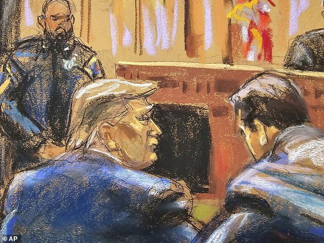 In this courtroom sketch, former U.S. President Donald Trump, left, sits with his attorney Todd Blanche, before Judge Juan M. Merchan, at the start of his trial in a Manhattan criminal court in New York, Monday, April 15, 2024