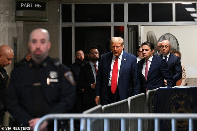 Trump arrives to attend the first day of his trial for allegedly covering up hush money payments related to extramarital affairs, at Manhattan Criminal Court in New York City