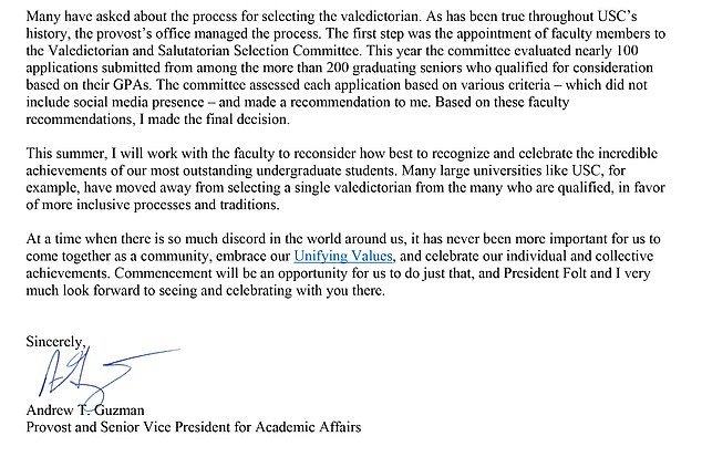 “While this is disappointing, tradition must give way to safety,” Provost Andrew Guzman wrote in a letter to the university community