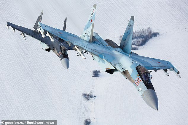 Pictured: A Russian Su-35 fighter jet, one of the weapons feared to be shared between Russia and Iran