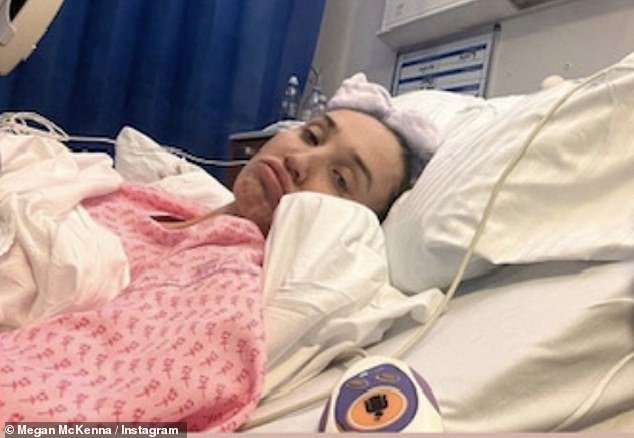 The former TOWIE star, 31, shared pictures as she described the 'nightmare' hospital journey after becoming 'really unwell' and her 'belly doubled in size'