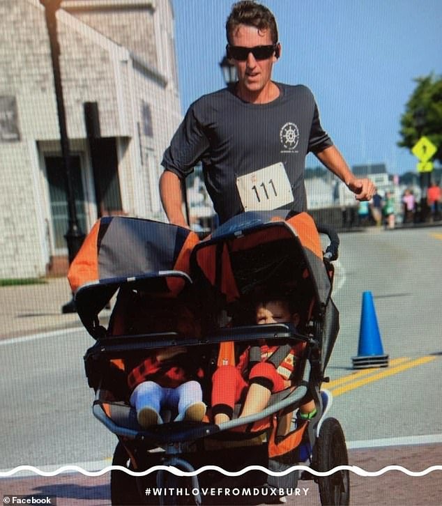 Patrick Clancy completed the race in 3:59:19, crossing the finish line around 3:15 p.m.  He is shown in an old photo running with his children