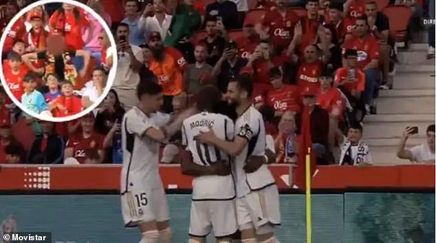 A Mallorca fan made monkey gestures as Real Madrid celebrated Tchouameni's goal on Saturday - the Spanish broadcaster pixelated their face