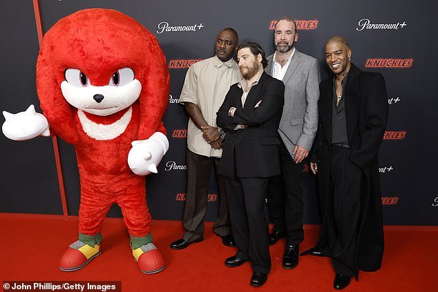 Cast members Idris Elba, Adam Pally, Rory McCann and Kid Cudi (L-R) were pictured with Knuckles