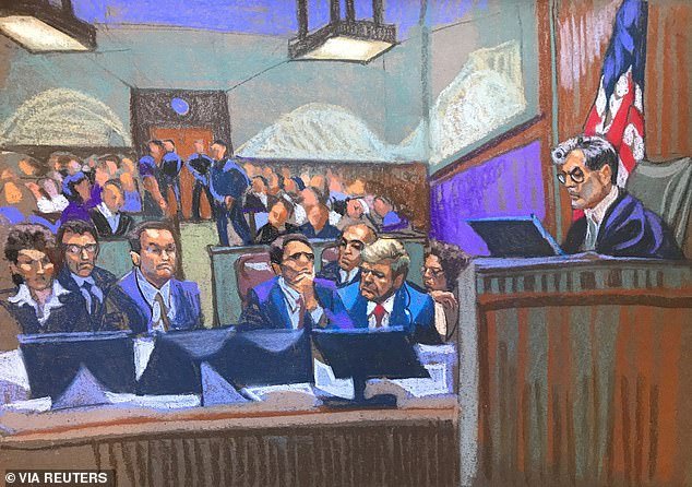 Former US President Donald Trump sits with his lawyers as Judge Juan Merchan oversees proceedings at the Manhattan Criminal Court in New York, April 15, 2024, in this courtroom sketch