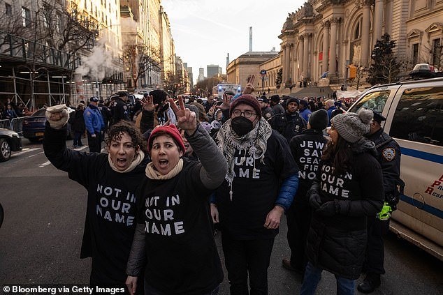 The war in Gaza is stirring up emotions in the US that could influence the November elections.  Pictured: Protesters from the Jewish Voice for Peace block traffic outside the Metropolitan Museum of Art in New York