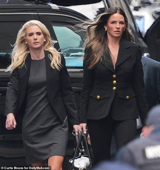 Just downtown, Donald faces charges related to the hush money scheme to keep porn star Stormy Daniels quiet.  He is flanked by his right-hand man, Margo Martin