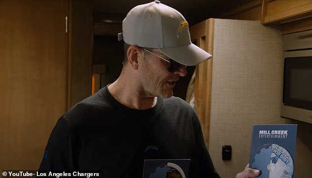 Harbaugh also showed off his DVD collection, including the movie 'Joe Dirt'
