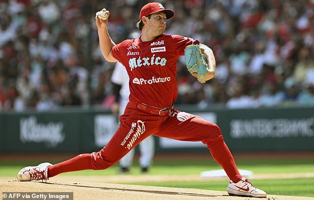 Mexican Diablos Rojos Trevor Bauer throws the ball during an exhibition game against the Yankees