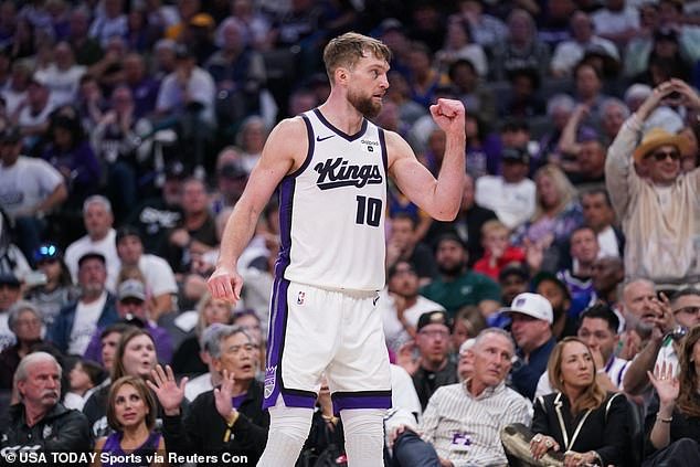 Domantas Sabonis celebrates during the Kings' huge win over the Warriors in Sacramento