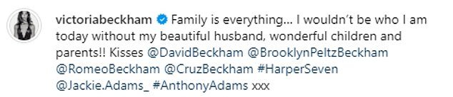 Victoria wrote: 'Family is everything...I wouldn't be who I am today without my beautiful husband, amazing children and parents!!'