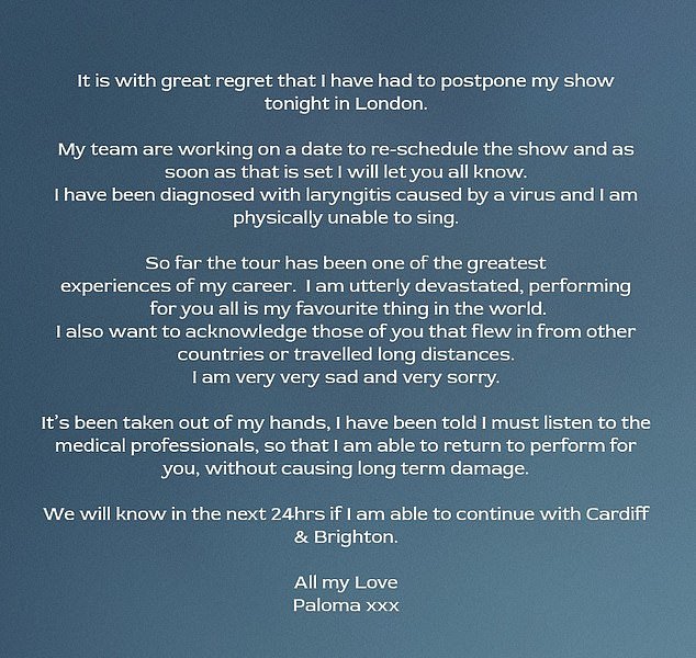 Just hours before the show, she took to Instagram and canceled the performance - which was due to take place at Eventim Apollo - telling fans it would be rescheduled