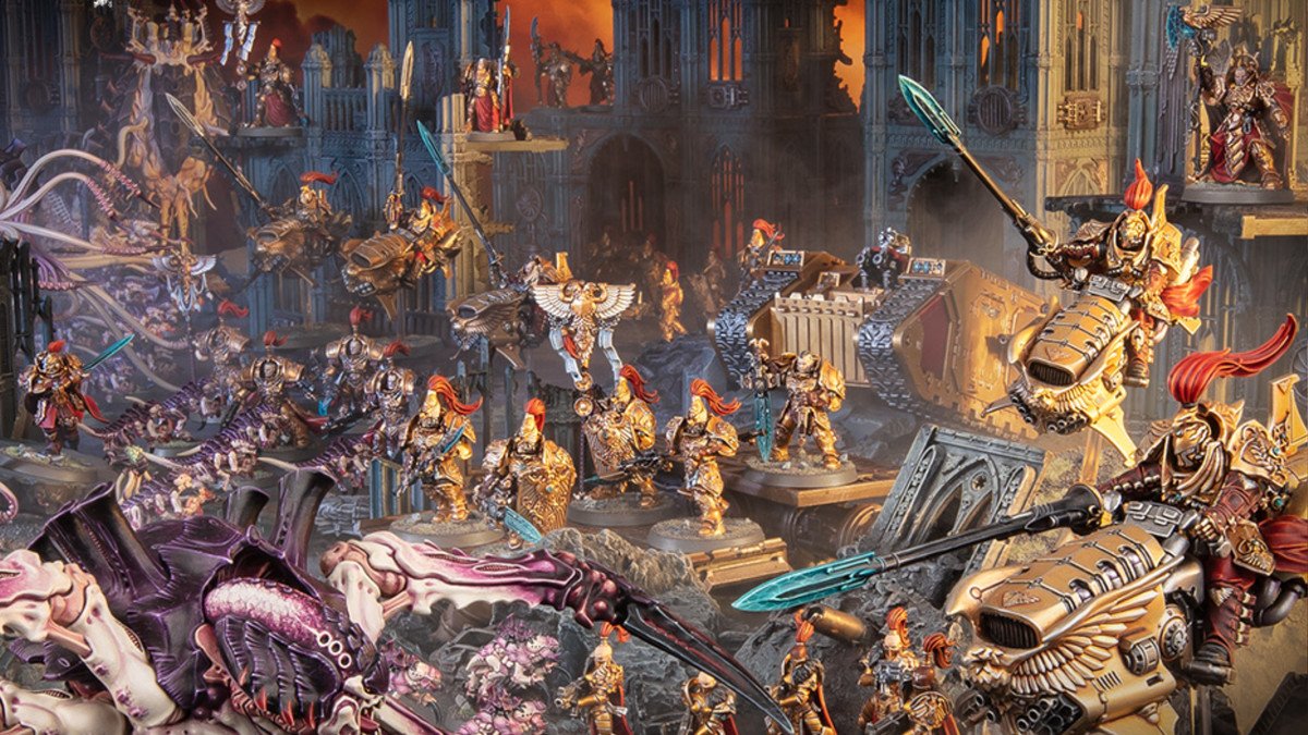 The Adeptus Custodes rush into battle against the insectoid Tyranids, with models of both armies posing to create an epic battle diorama.