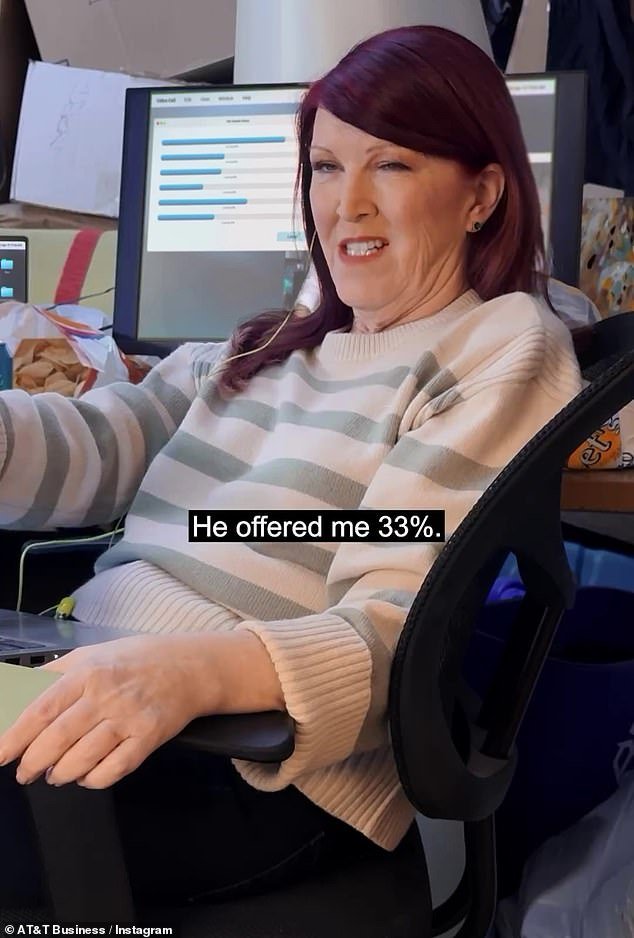 Kate Flannery poses for the ad while sitting in an office chair