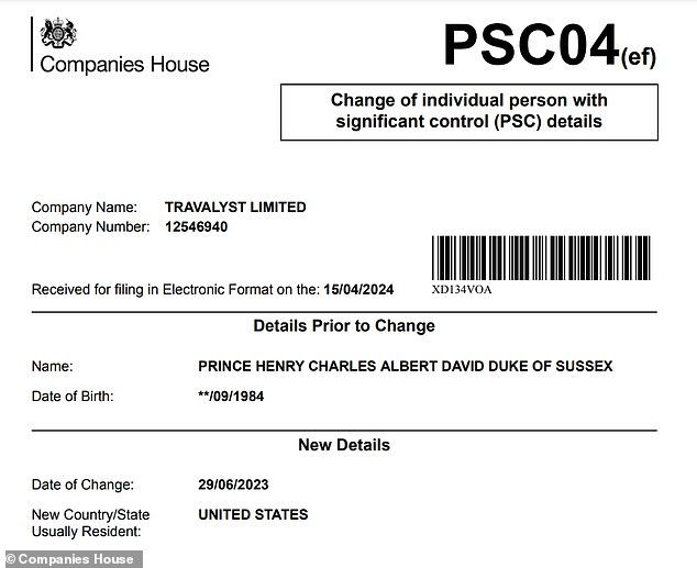 The publicly visible document showing that Prince Harry is now in the United States